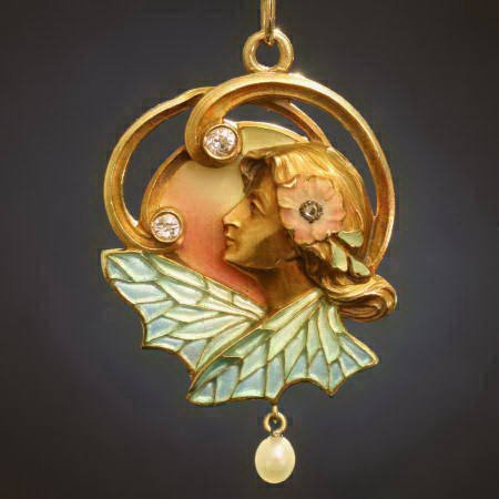 High quality Art Nouveau pendant and brooch with plique a jour enamel from the forties from the antique jewelry collection of www.adin.be